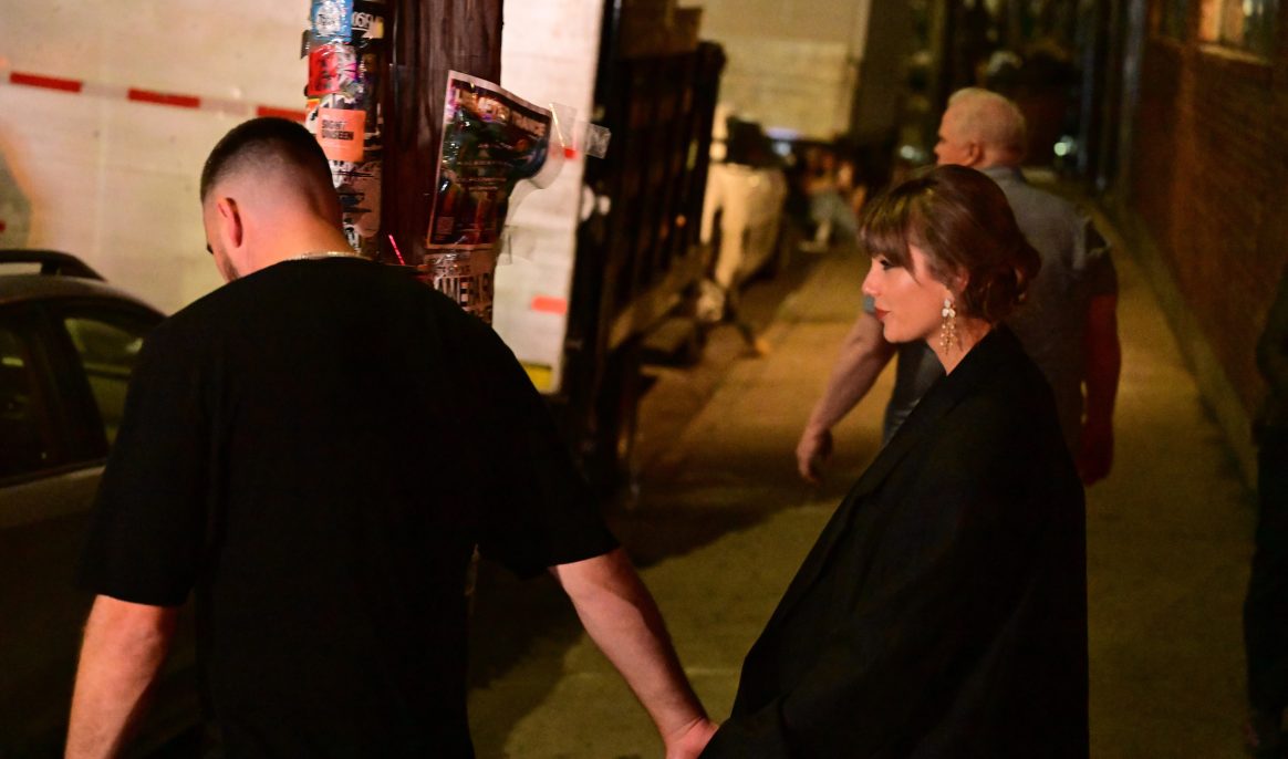 Taylor Swift and Travis Kelce exit an event at Honey's on Scott Avenue in Brooklyn, New York, United States, on May 17, 2026. On May 16, 2026, Swift and Kelce attended an event at Honey's, a bar and event space co-founded in 2016 by artist Arley Marks. They were inside the venue for several hours before leaving early Sunday morning. (Photo by Kyle Mazza/NurPhoto)