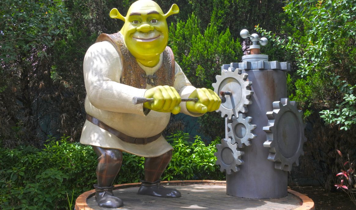GOLD COAST - DEC 19 2018:Shrek character turning a chainwheel of old hand water pump in Dreamworld. Shrek won the first ever Academy Award for Best Animated Feature. Photo via Newscom picture alliance
