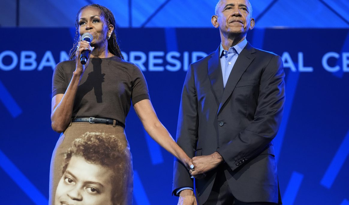 Former President Barack Obama and former first lady Michelle Obama speaking at a stakeholders event at the Obama Presidential Center, Tuesday, June 16, 2026, in Chicago, Illinois. The Obama Library officially opens to the public on Friday June 19, 2026. Pool Photo by Pablo Martinez Monsivais/UPI Photo via Newscom picture alliance
