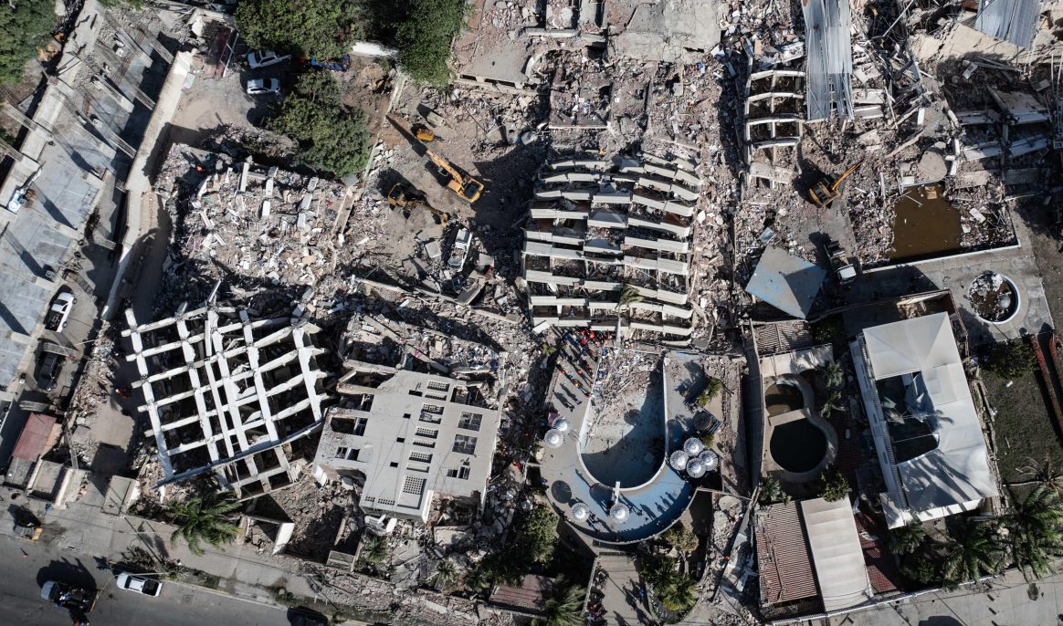 LA GUAIRA, VENEZUELA - JUNE 29: An aerial view shows collapsed buildings and debris in the Carabellada and Caribe neighborhoods following powerful earthquakes in La Guaira, Venezuela on June 29, 2026. Cem Tekkesinoglu / Anadolu