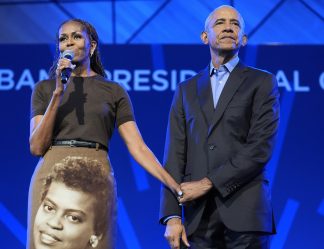 Former President Barack Obama and former first lady Michelle Obama speaking at a stakeholders event at the Obama Presidential Center, Tuesday, June 16, 2026, in Chicago, Illinois. The Obama Library officially opens to the public on Friday June 19, 2026. Pool Photo by Pablo Martinez Monsivais/UPI Photo via Newscom picture alliance