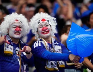 Supporters of Japan pose for the photo during the FIFA World Cup 2026 Group F match between Netherlands and Japan at Dallas Stadium on June 14, 2026 in Dallas, Texas. (Photo by Jose Breton/Pics Action/NurPhoto)