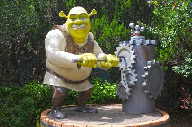 GOLD COAST - DEC 19 2018:Shrek character turning a chainwheel of old hand water pump in Dreamworld. Shrek won the first ever Academy Award for Best Animated Feature. Photo via Newscom picture alliance