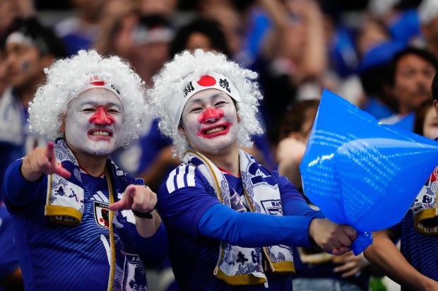 Supporters of Japan pose for the photo during the FIFA World Cup 2026 Group F match between Netherlands and Japan at Dallas Stadium on June 14, 2026 in Dallas, Texas. (Photo by Jose Breton/Pics Action/NurPhoto)