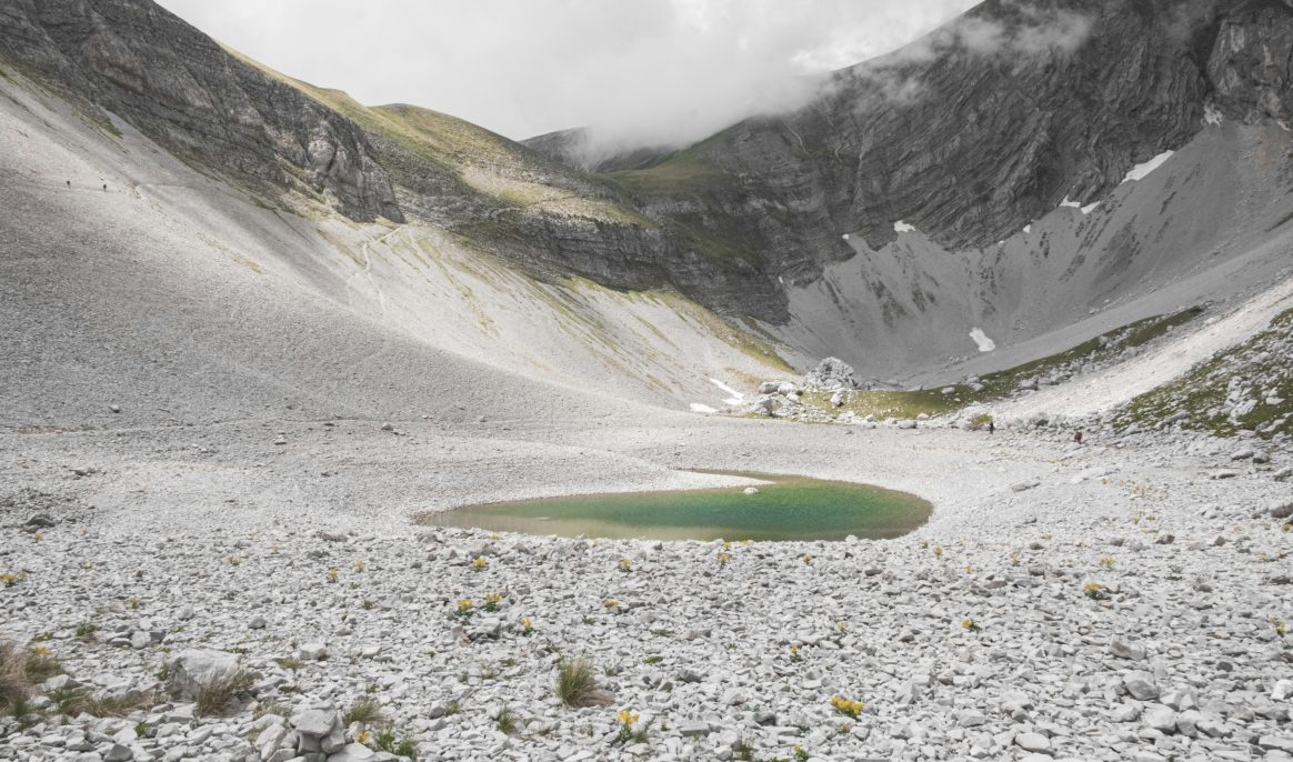Lake Pilate in the Sibillini Mountains has regained its distinctive 'spectacles' shape after ten years